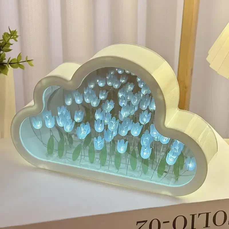 Cloud Tulip Night Light Handmade Material Flower Mirror Creative Atmosphere Lamp Valentine's Day Birthday Gift Home Decor DIY Zpaxo Blue
