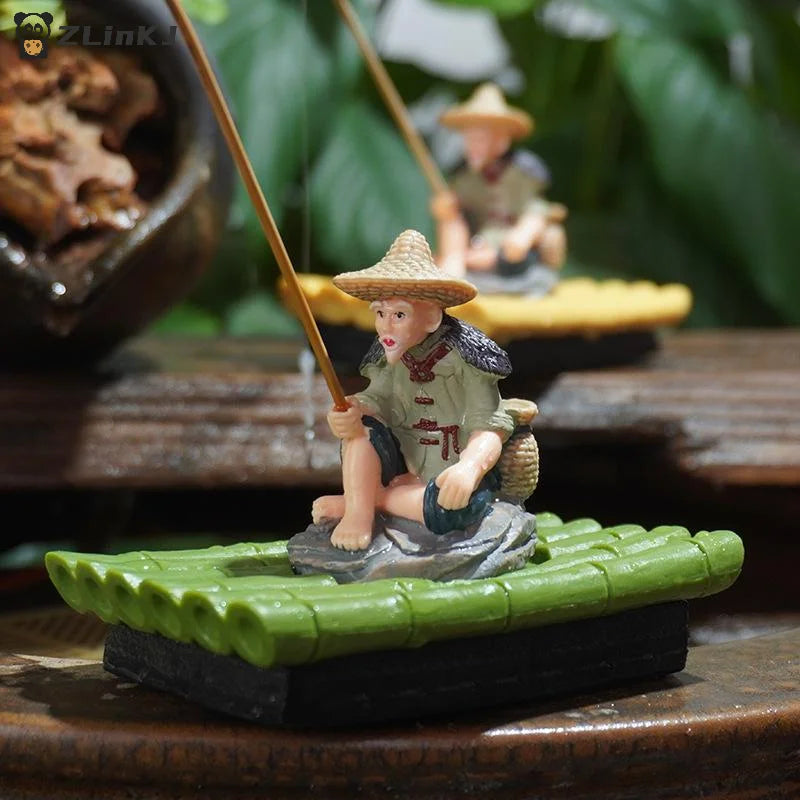 ▶1Pcs PVC Garden Statue Bamboo Raft Elderly Fisherman Figurine For Yard Floating Aquarium Decor Outdoor Decoration Zpaxo
