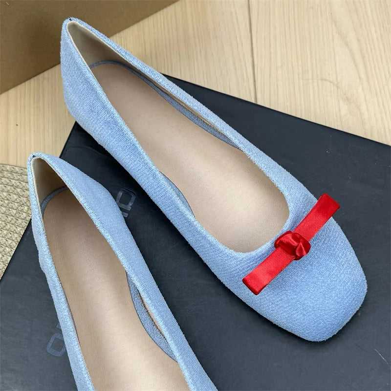 Flat Shoes Women 2025 Spring Autumn French Bow Square Toe Ballet Shoes Women Loafers Women Shoes Super Big Size 43 44 Zpaxo