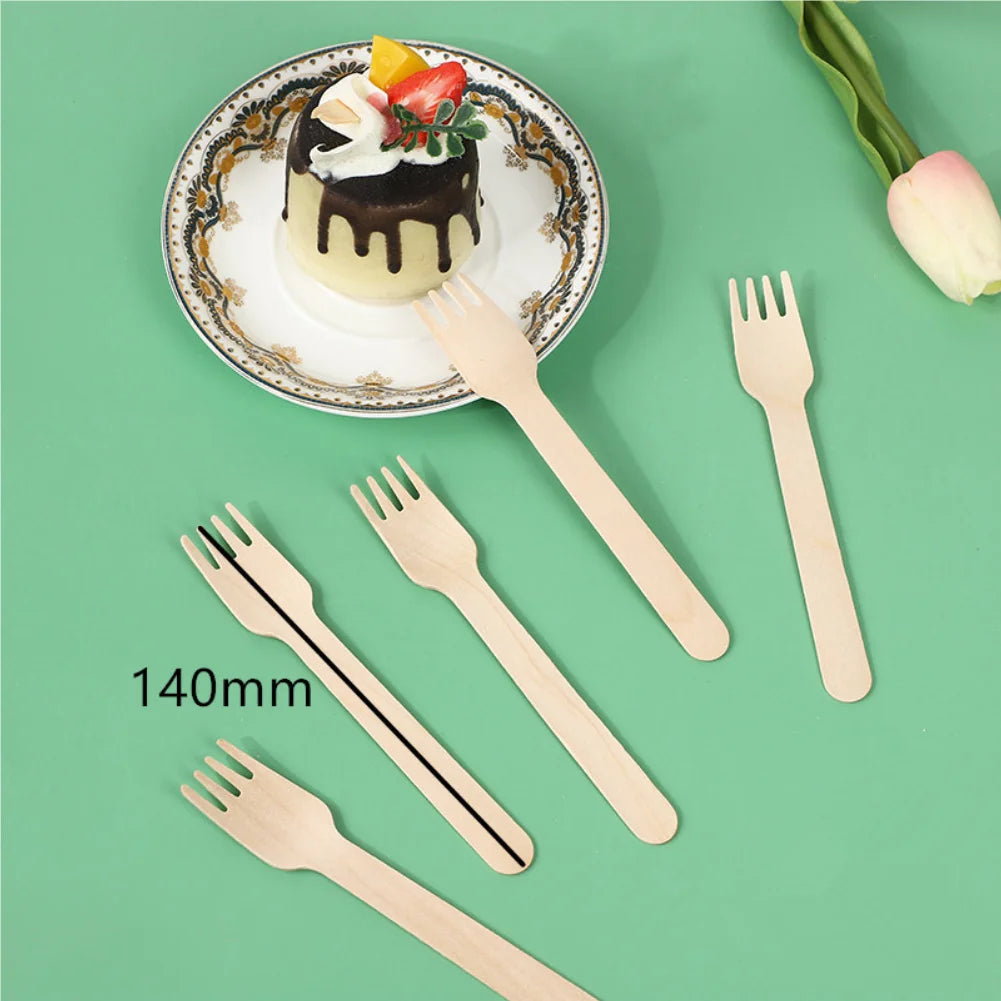 100PCS Disposable Wooden Spoons Cakes Desserts Ice Cream Wooden Spoons Wedding Birthday Party Outdoor Picnic Kitchen14cm Zpaxo Clear-dinner fork