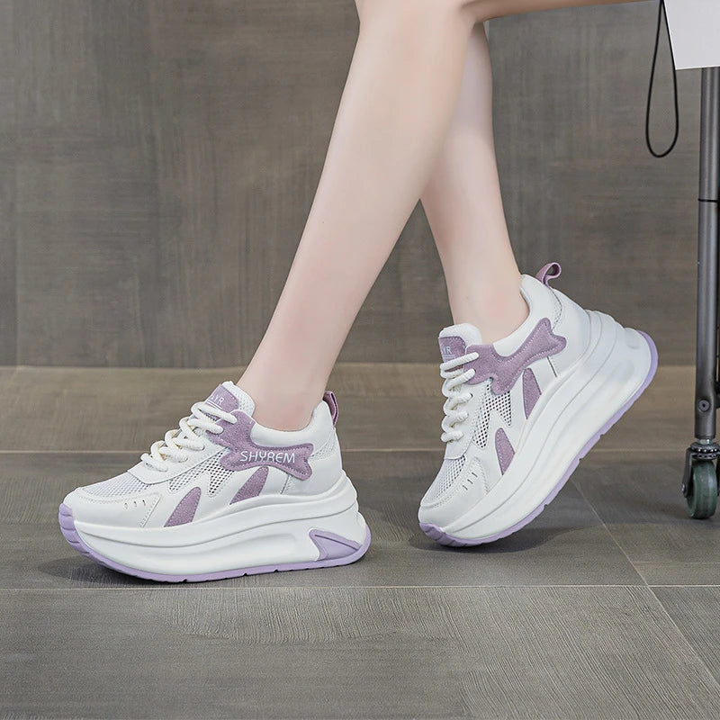 Womens White Mesh Sneakers Breathable Chunky Platform Height Zpaxo