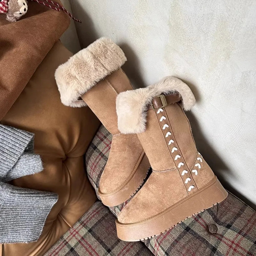Belt Buckle Boots Winter Round Head Suede Warm Sleeve Thick Bottom