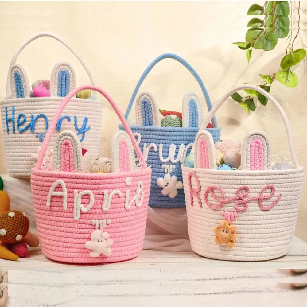 Easter Bunny Basket For Kids Boys Girls Easter Eggs Hunt Basket Reusable Cotton Rope Basket With Rabbit Ears Baby Shower Gifts Zpaxo