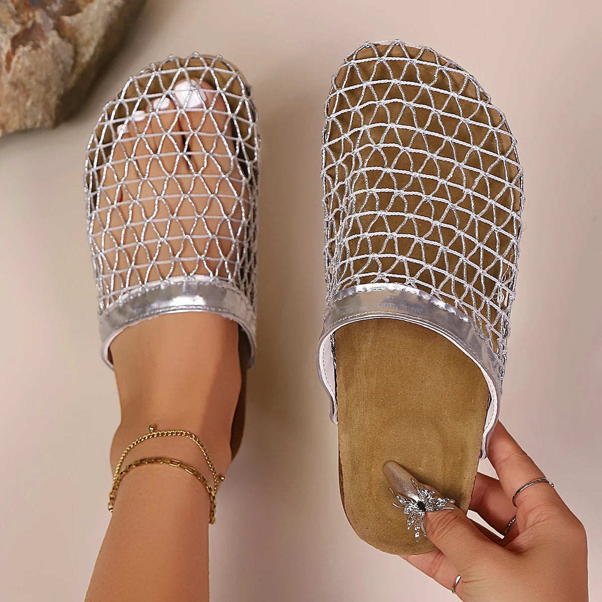 Women Slippers Rubber Sole Slides Fashionable Hollow Out Net Sandals Zpaxo Silver 43
