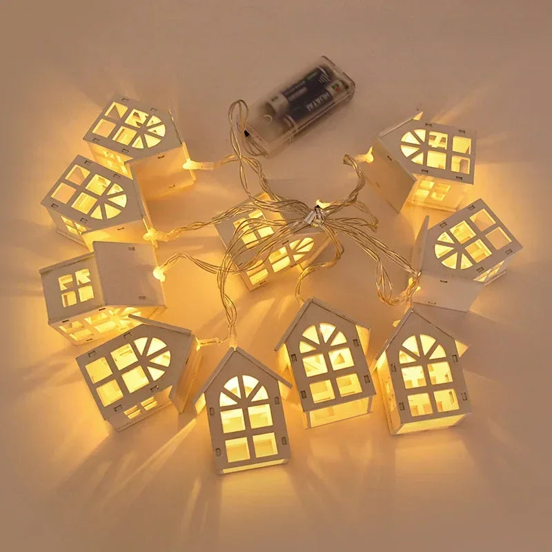 10LED 2M Christmas Wooden House LED Fairy Light String Home Hanging Garland Xmas Tree Ornaments Decoration Lamp 2025 New Year Zpaxo White