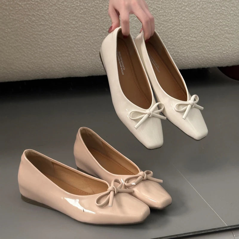 Bowtie Flat Shoes Women Ballerinas Square Toe Slip Ballet Flats Lazy