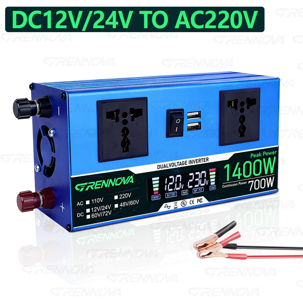 Grennova 1400W Dual Voltage Inverter 12V/24V/48V/60V/72V to 110V/220V AC Converter w/ LCD Display for Car RV Battery Home Backup Zpaxo 12V24V to AC 220V