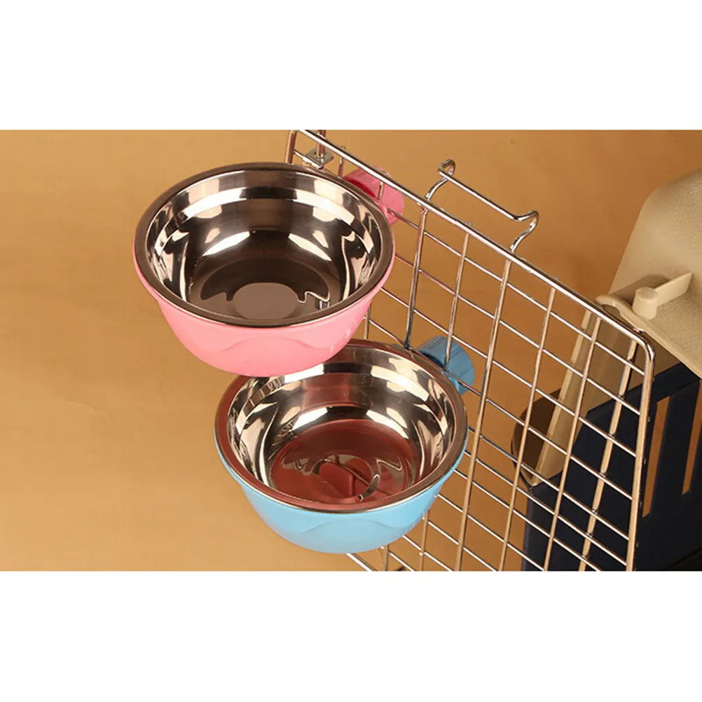 Pet Hanging Bowl Stainless Steel Pink Detachable Dog Cat Cage Food