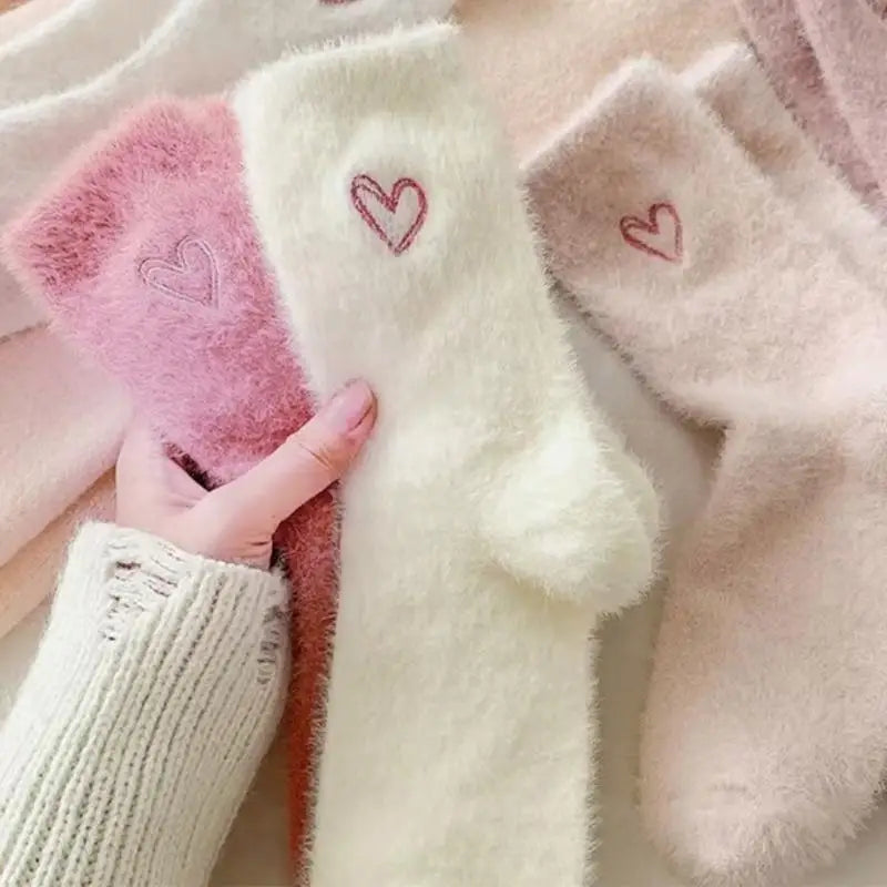 Women's Thickened Mink Fur Socks Pink Heart Embroidery Plush Zpaxo