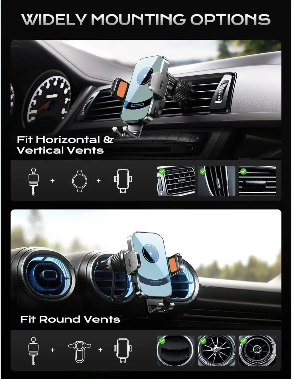 UYUXIO Wireless Car Charger Fast Charging Auto Clamping Air Vent