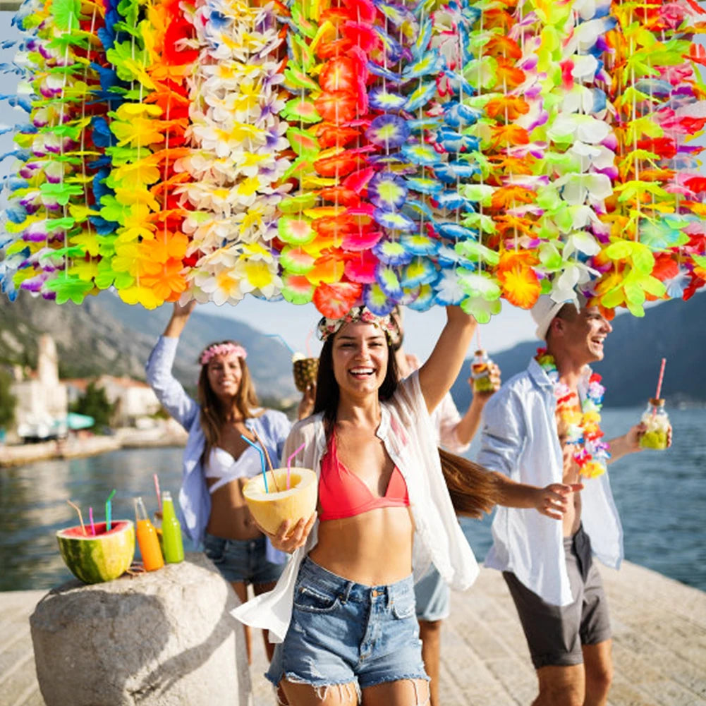 70pcs Hawaiian Luau Leis Decorations Supplies -Hibiscus Flowers Necklace Simulation Leaf Hawaiian Beach Theme Party Favors Zpaxo