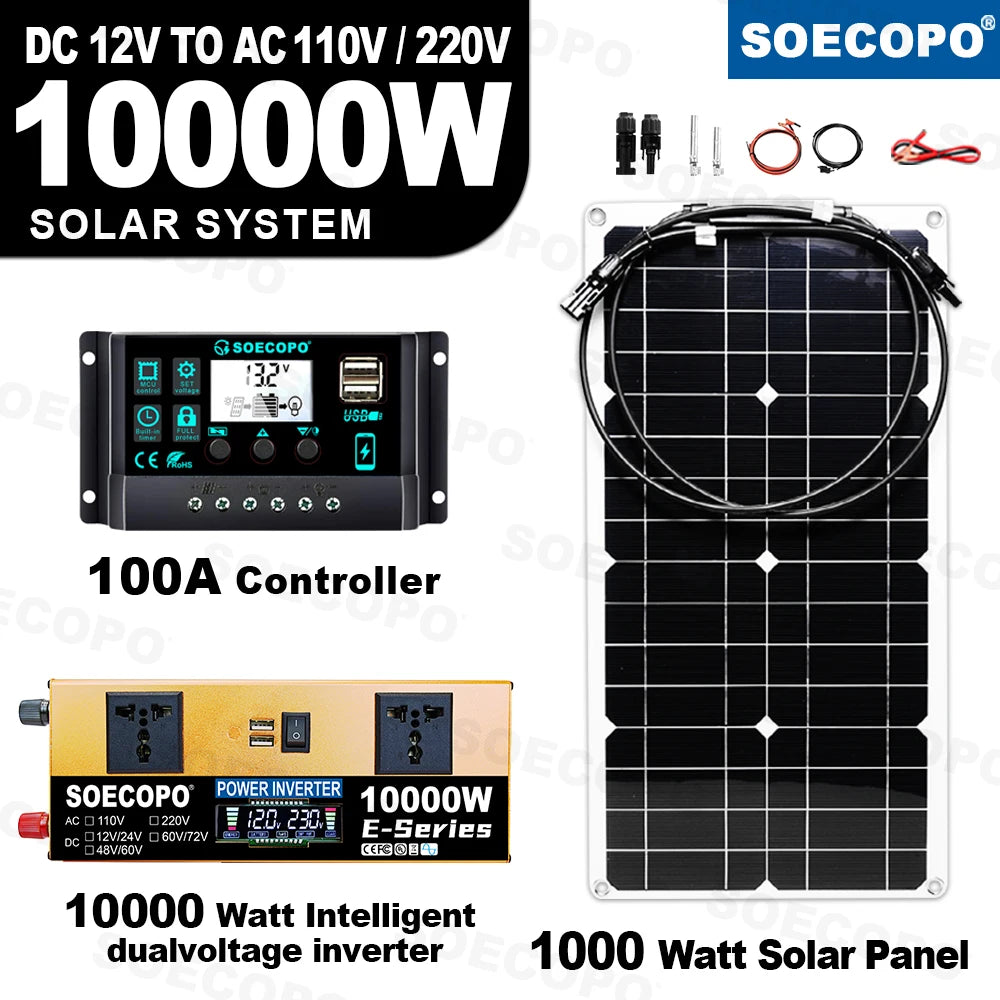 All-in-One 10000W Solar Kit Flexible Panel+1100W 110V/220V Inverter+100A Controller&Cables+Plug&Play 12V Off-Grid Power System Zpaxo
