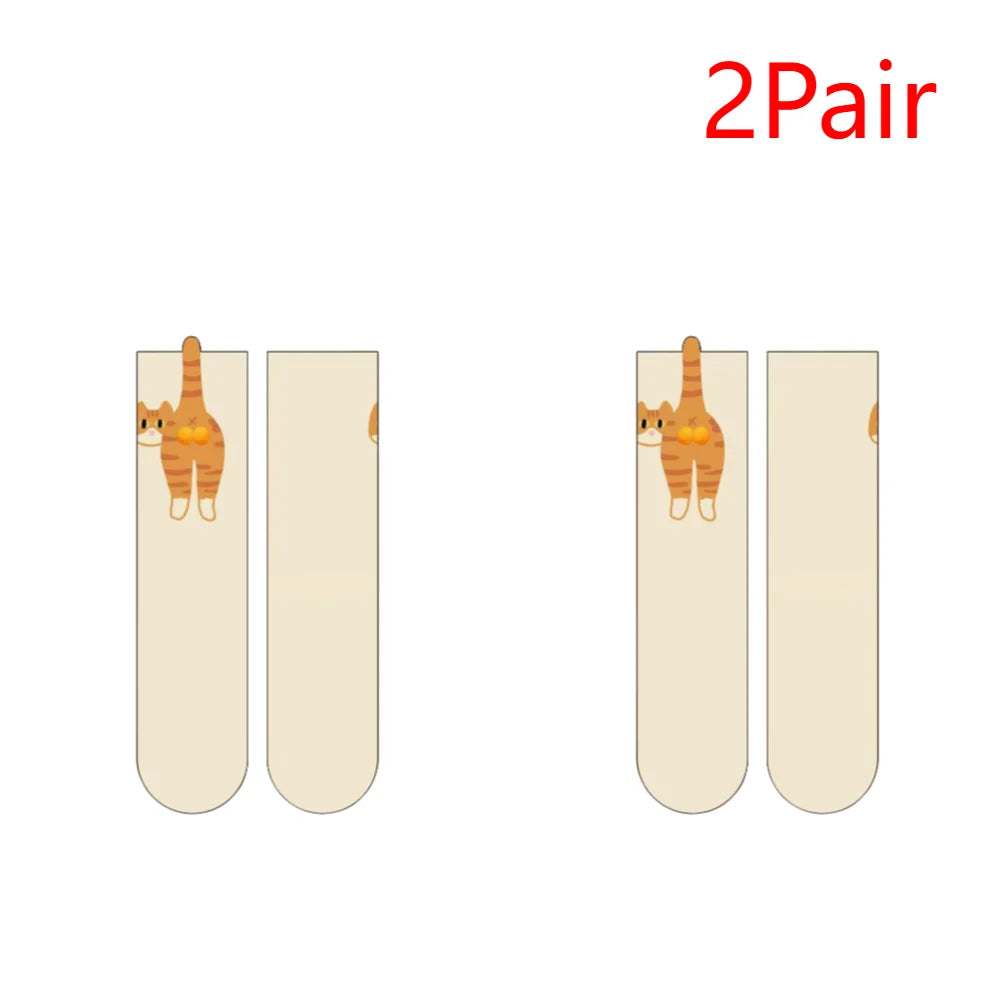 1-2Pairs Funny Cotton Socks with Fuzzy Balls Cartoon Animal Socks Breathable Cat Middle Tube Socks Novelty Gifts for Cat Lovers Zpaxo A-2Pairs One Size