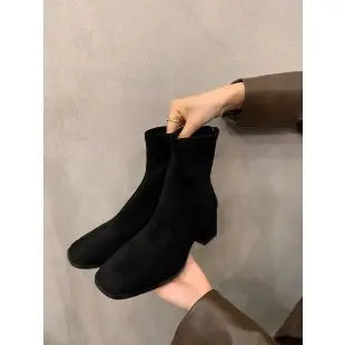 Autumn Winter Fleeces Women Sock Ankle Boots Fashion Square Heel Zpaxo 39 black