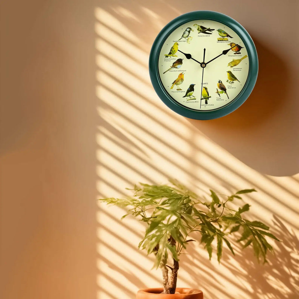 25cm Musical Birds Wall Hanging Sound Clock Battery Operated Household Interior Green Frame for Bedroom Housewarming Gift Zpaxo