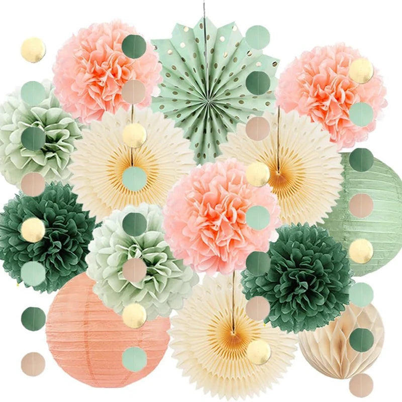 Sage Green Peach Pink Paper Lantern Tissue Pom Poms Party Hanging