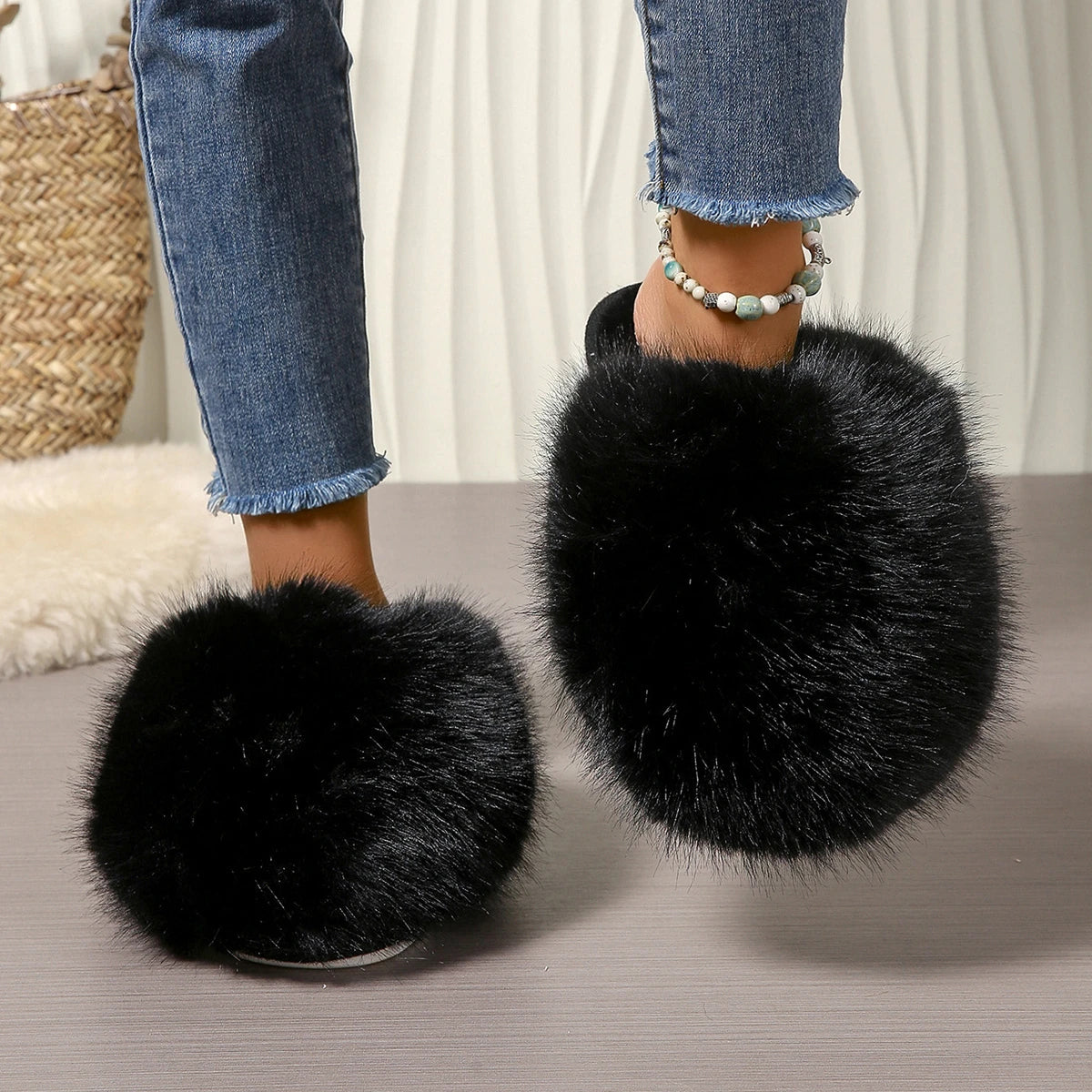 Women Indoor Slippers Autumn Winter Faux Fur Home Shoes Women Soft Sole Fashion Warm Fluffy Slippers Solid Baotou Slides Women Zpaxo black 38-39