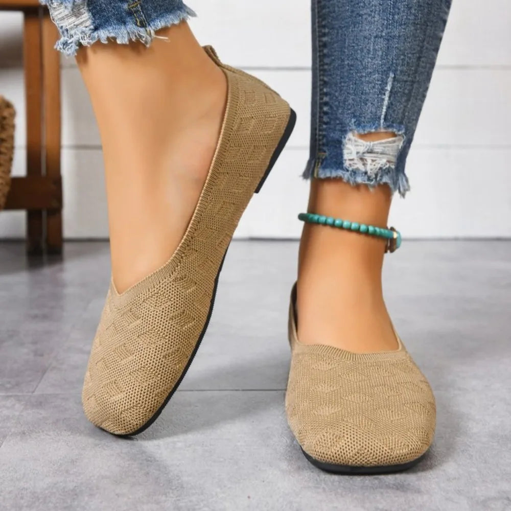 2026 Spring Autumn Square Toe Flat Office Boat Solid Knitted Slip