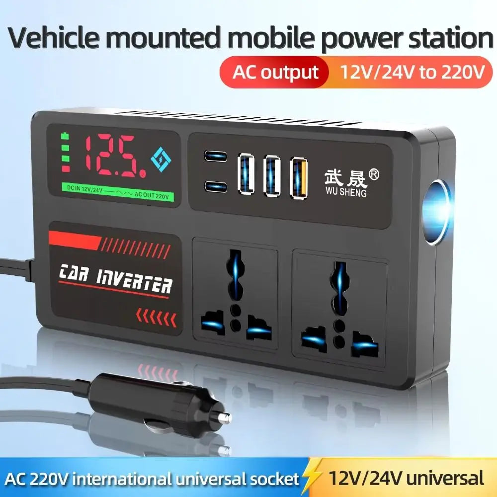 DC 12V/24V to AC 220V Car Inverter Power Adapter Digital Display Double Type-c Car Converter QC3.0 3 USB Ports Car Power Adapter Zpaxo