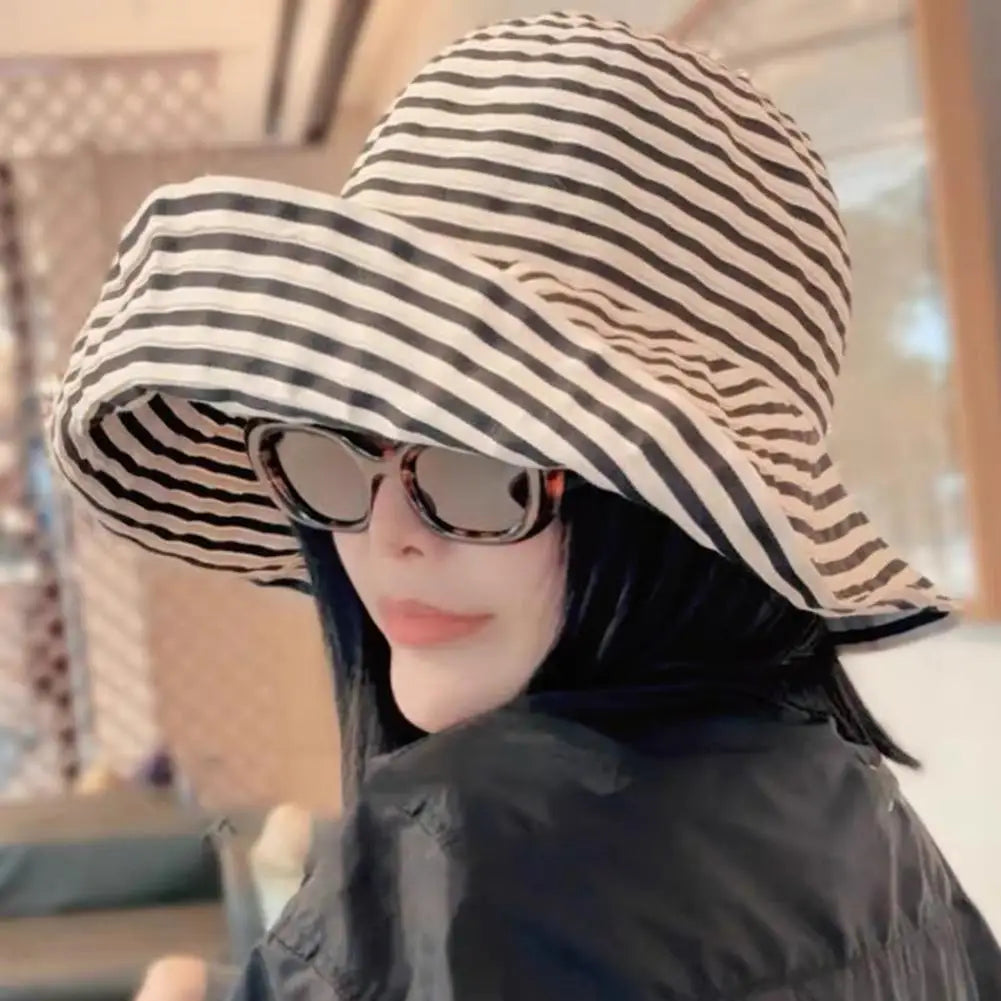 Retro Striped Wide Brim Fisherman Sun Hat UPF50+ Foldable Wide Brim Sun Hat Zpaxo