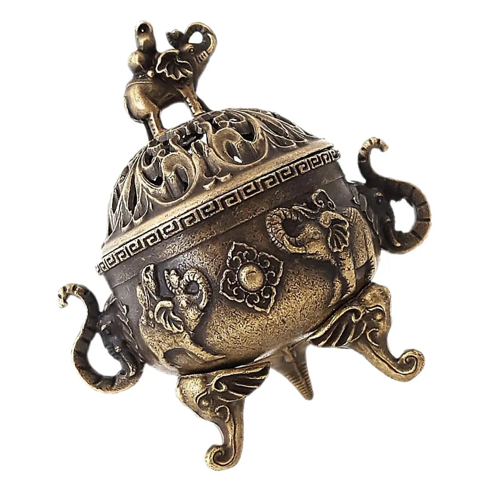 Mini Copper Incense Burner Tripod Stand Lid Elephant Motif Hollow-out