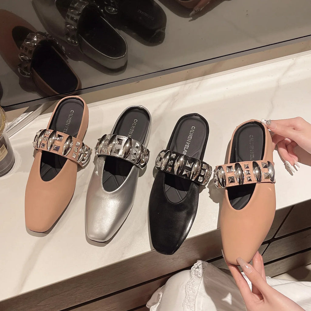 2025 Summer New French Style Elegant Baotou Slippers Women's Casual 1 Slip-on Metal Buckle Square Toe Fairy Style Women's Shoes Zpaxo