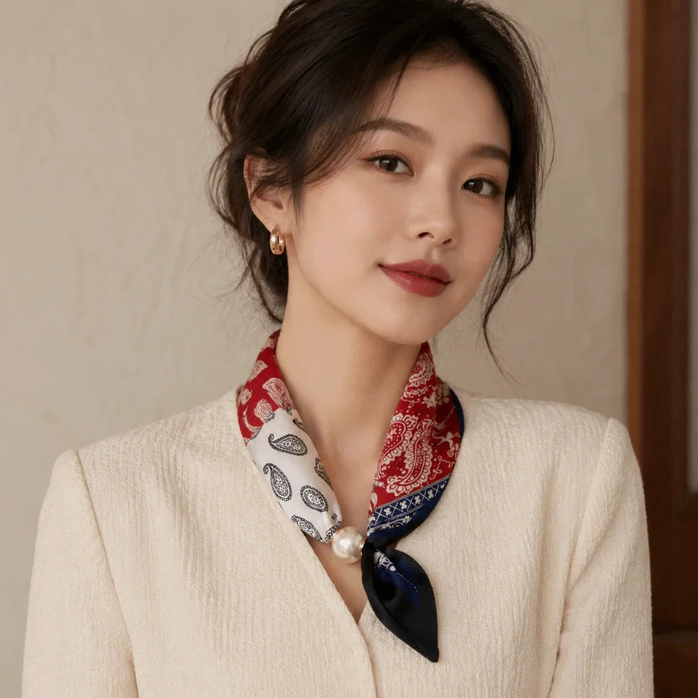Elegant Breathable Silk Scarf Pearl Buckle Printed Magnetic Snap Scarf Lightweight Thin Faux Pearl Scarf for Women Accessories Zpaxo
