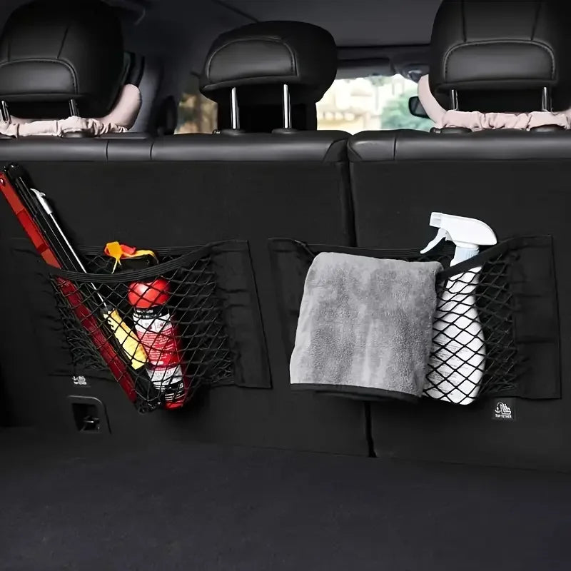 1 black mesh car trunk storage box-with hook and loop strap, easy to install and disassemble, double-layer elastic mesh bag stor Zpaxo