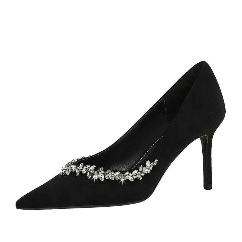 Pointed Toe Suede Heels Rhinestone Shallow Mouth Thin Single Shoes Zpaxo