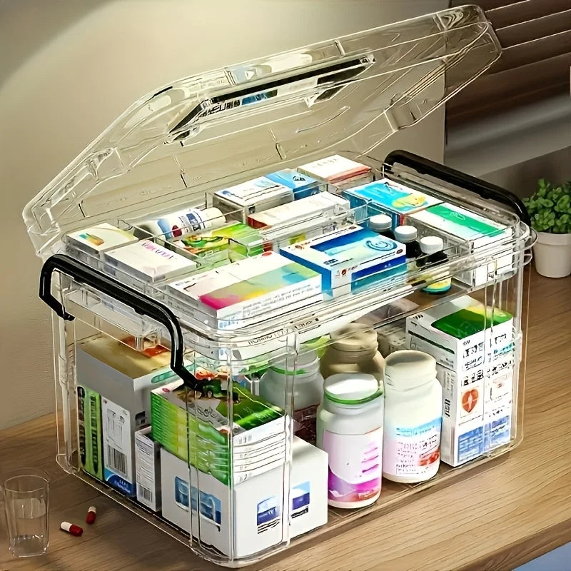 Durable Double-layer Transparent Medicine Storage Box Handle Clear Zpaxo