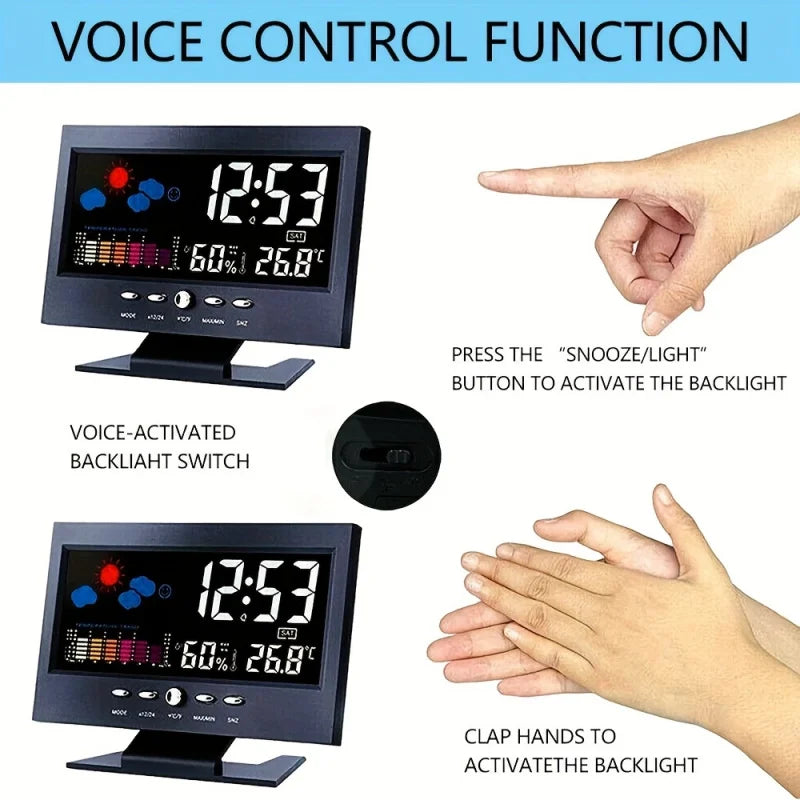 Large Backlit Display Digital Clock Voice Control Weather Station 12