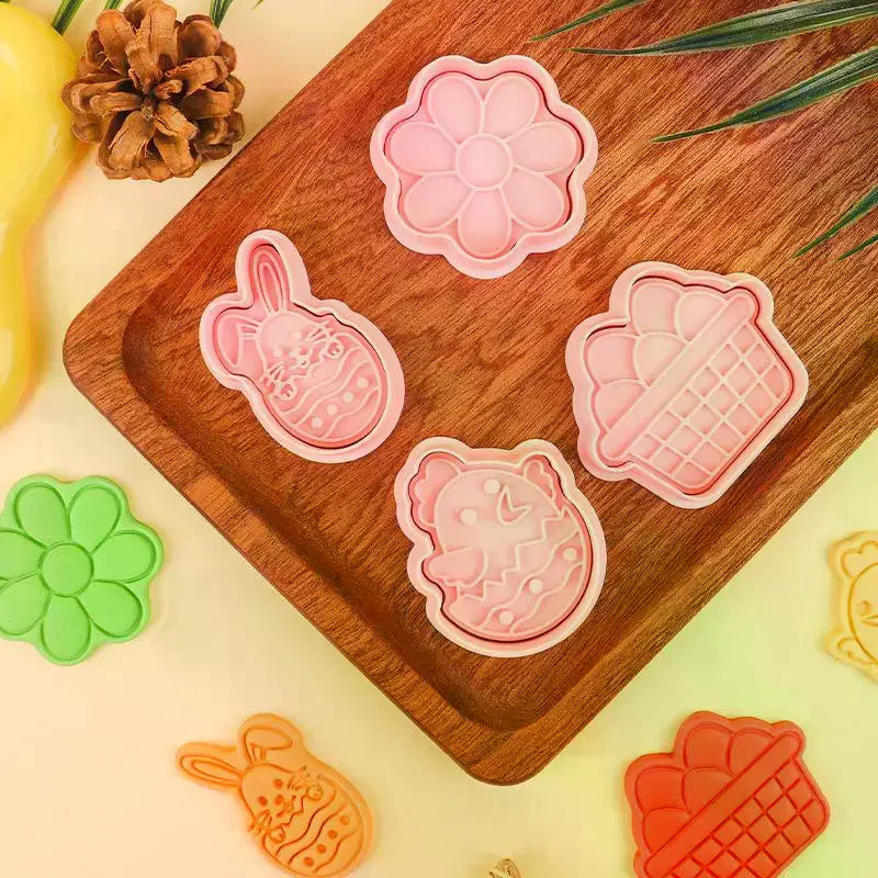 1/4Pcs Easter Rabbit Biscuit Mold Plastic Bunny Egg Cookie Cutter Stamp Embosser Easter Party Fondant Cake Baking Decoration Zpaxo