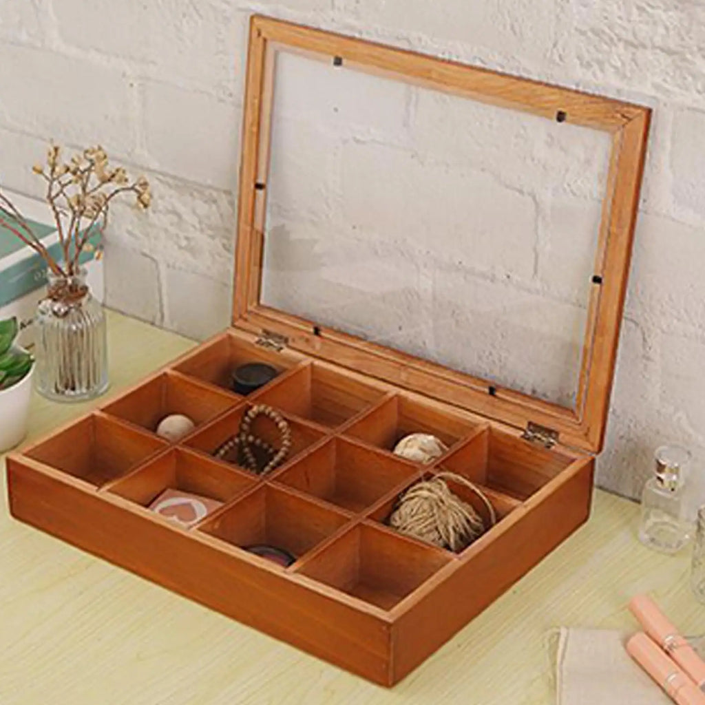 Tea Bag Organizer 12-Compartments Wooden Box Storage Clear Lid Home