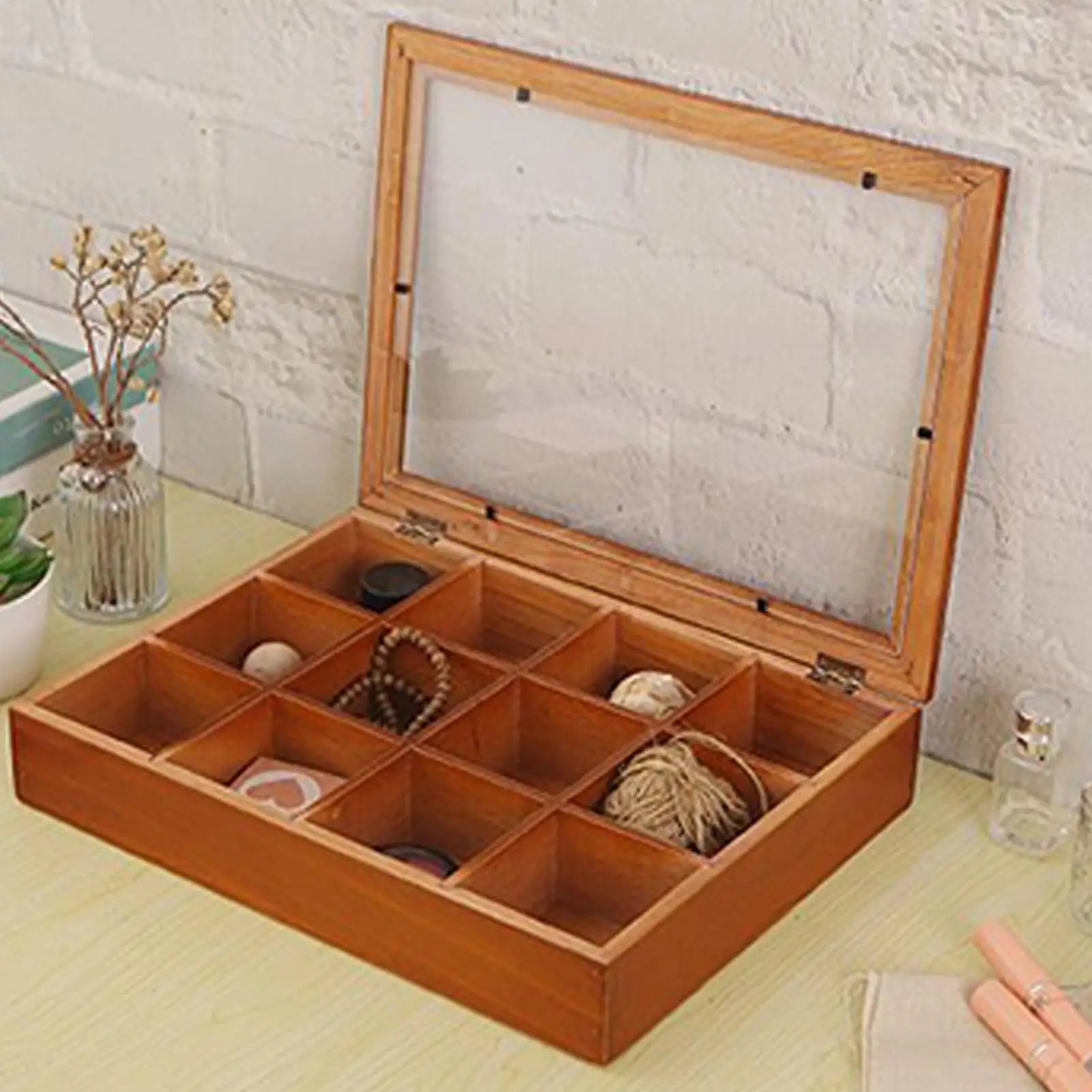 Tea Bag Organizer 12-Compartments Wooden Box Storage Clear Lid Home