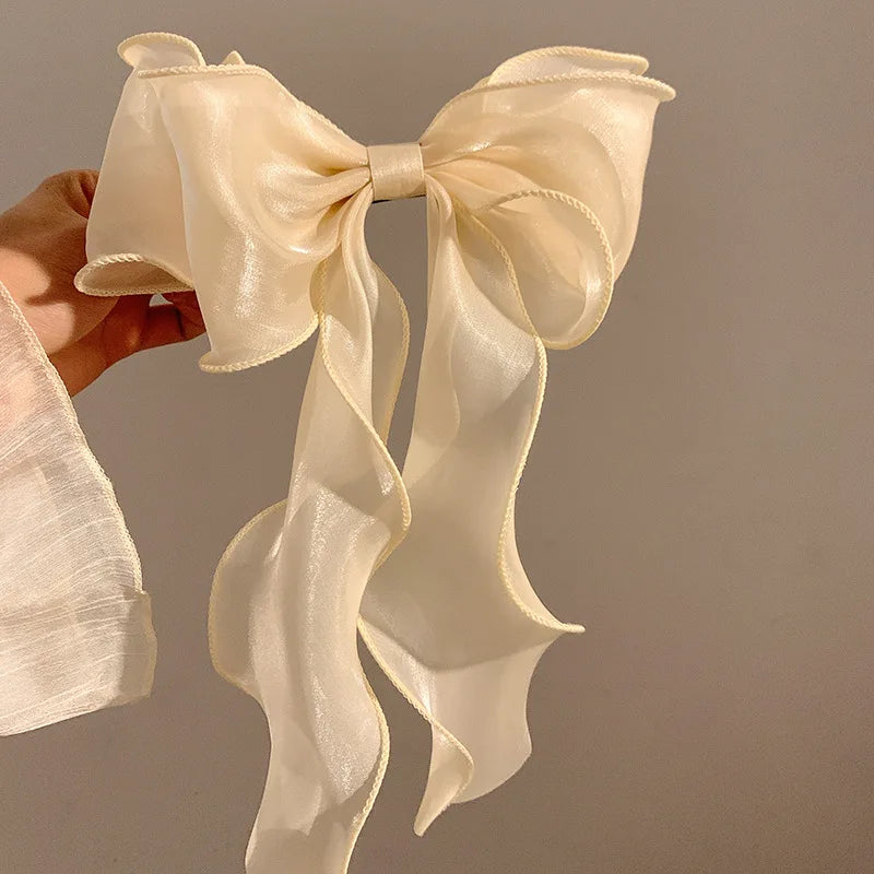 Black Organza Bow Fluttering Ribbon Hair Clips Women French Female Zpaxo beige