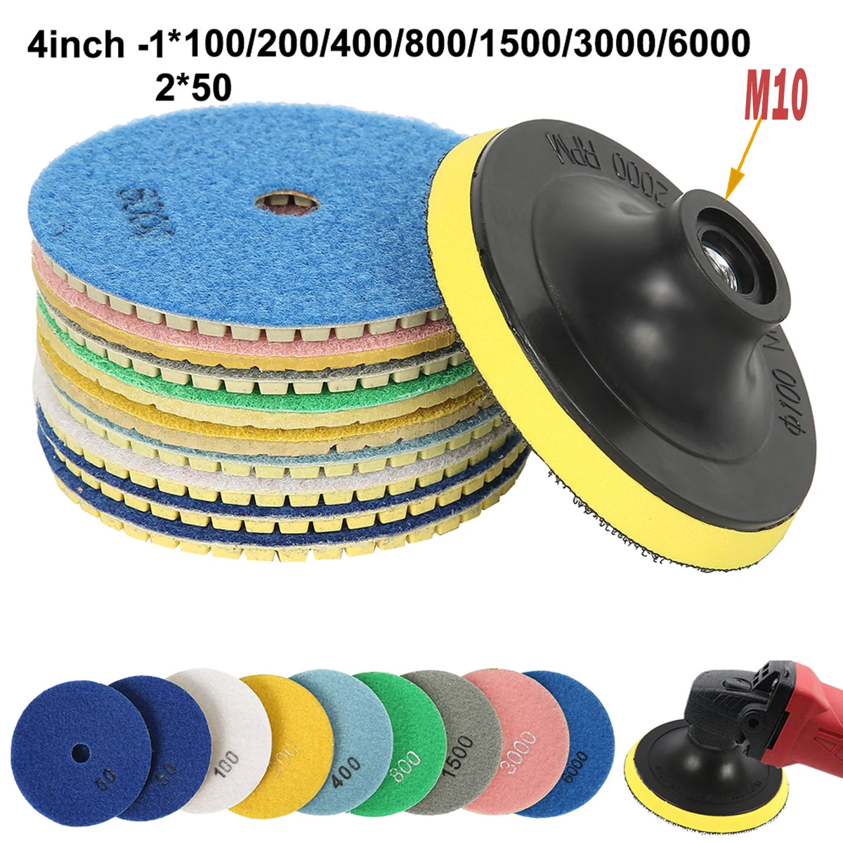 10-16pcs 4 inch Diamond Polishing Pads Kit Wet/Dry Buff Disc Abrasive Grinding Discs Set for Granite Concrete Glass Polishing Zpaxo 10pcs 50-6000 4 inches multi-tool