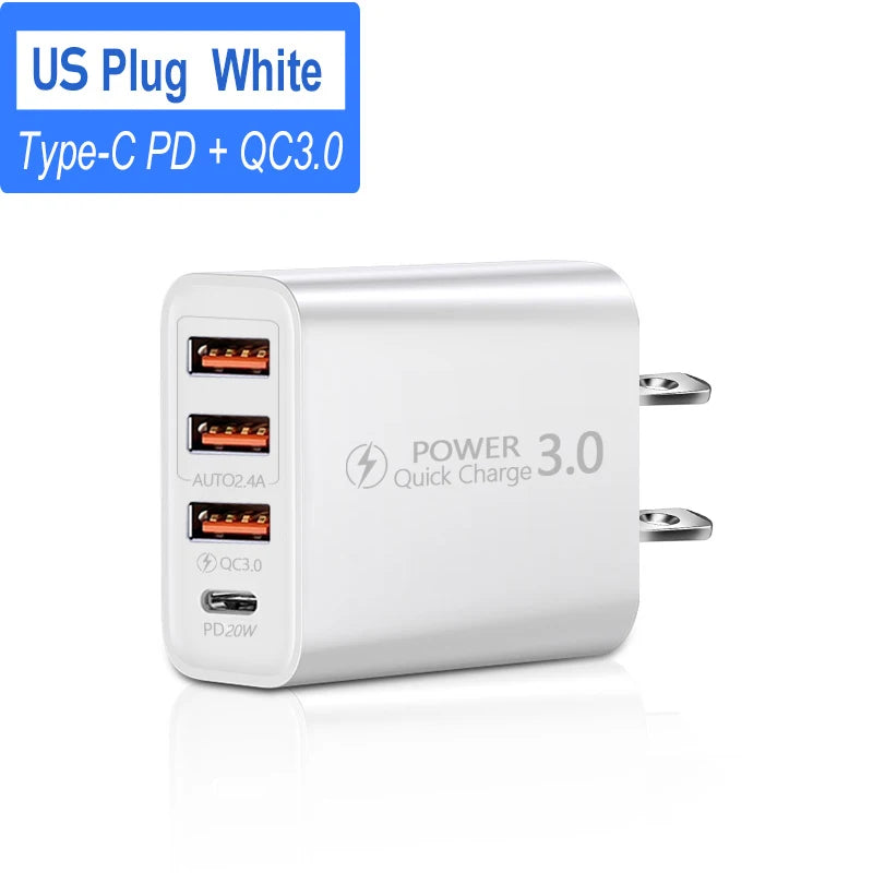 60W 4-Port USB-C Fast Wall Charger – PD & Quick Charge 3.0 USB Wall Charger Zpaxo US White