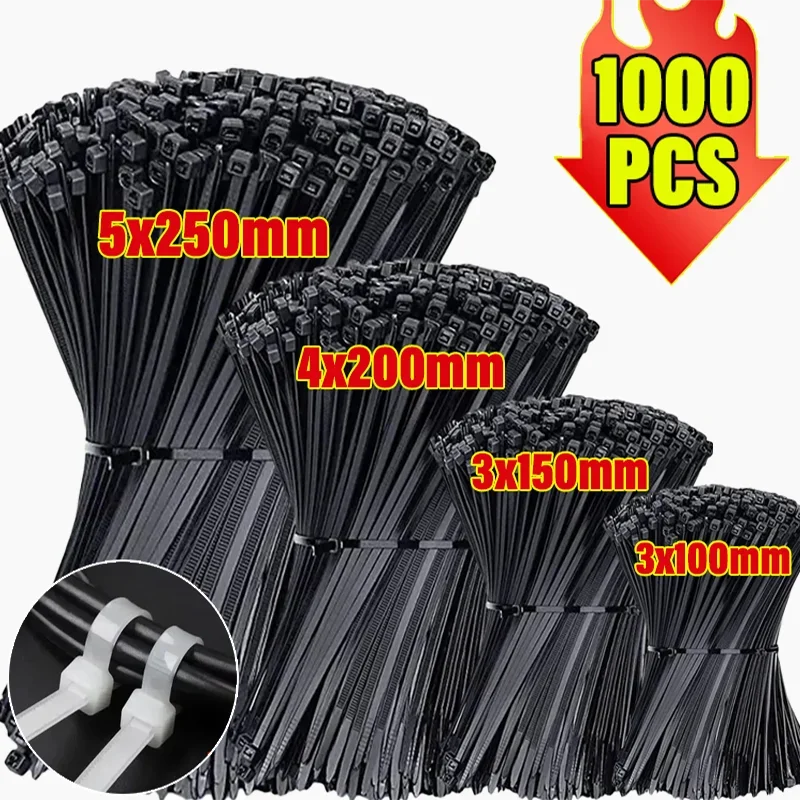 1000 Nylon Cable Ties Self-locking Cord Straps Adjustable Cables