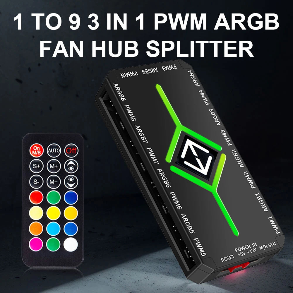 1 9 Ports 5V 3 Pin ARGB Controller Cooling Fan Hub Remote 4 PWM