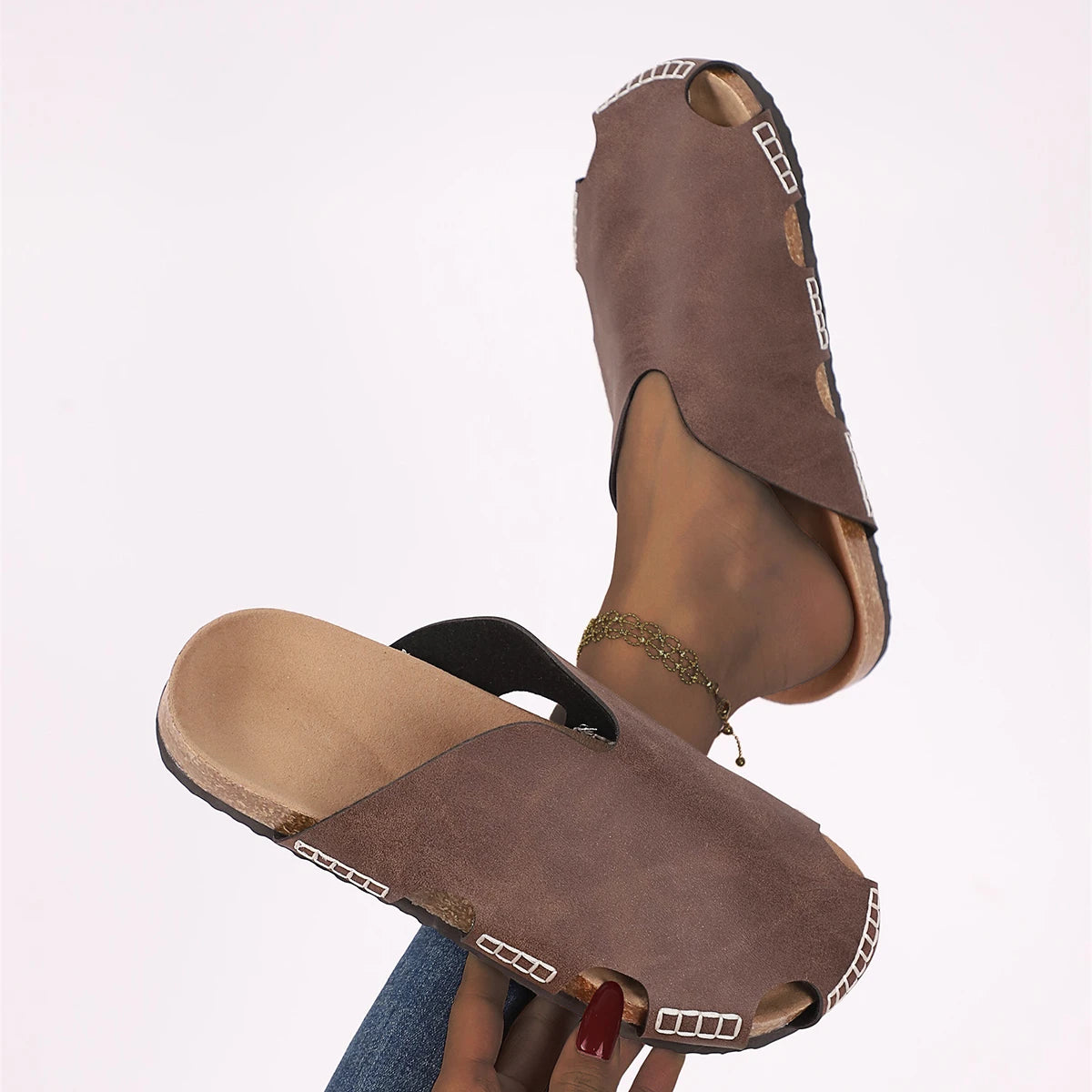 Women Slippers Retro Cork Flat Sandals Summer Outdoor Minimalist Shoes Comfortable Casual Beach Slippers Flip Flops Slides Women Zpaxo Brown 36