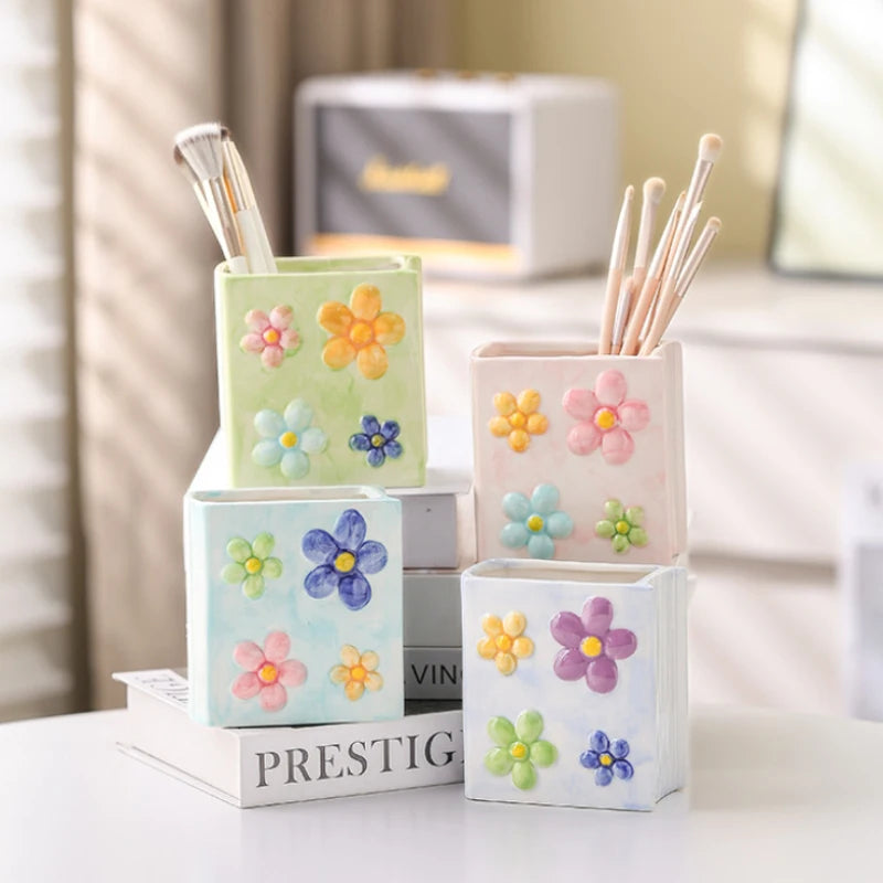 Tulip Ceramic Pen Holder Book-shaped 3D Relief Storage Makeup Brush