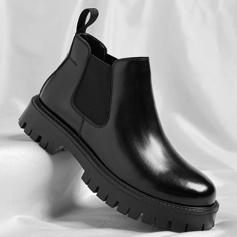 Mens Black Glossy Leather Chelsea Boots Elastic Gores Slip Chunky Zpaxo
