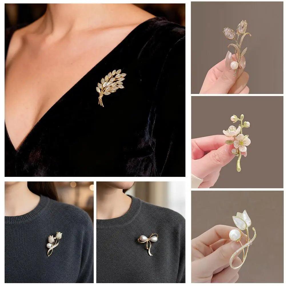 Luxury Zircon Tulip Flower Pearl Brooches For Women Fashion Crystal Floral Leaf Lapel Pins Banquet Patry Clothes Corsage Jewelry Zpaxo