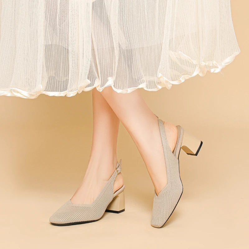 Solid Breathable Square Toe Shallow Mouth Block Heel Back Strap Zpaxo