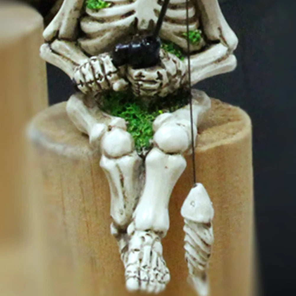 Resin Cute Skull Fisher Sculpture Halloween Decor Mini Figurines