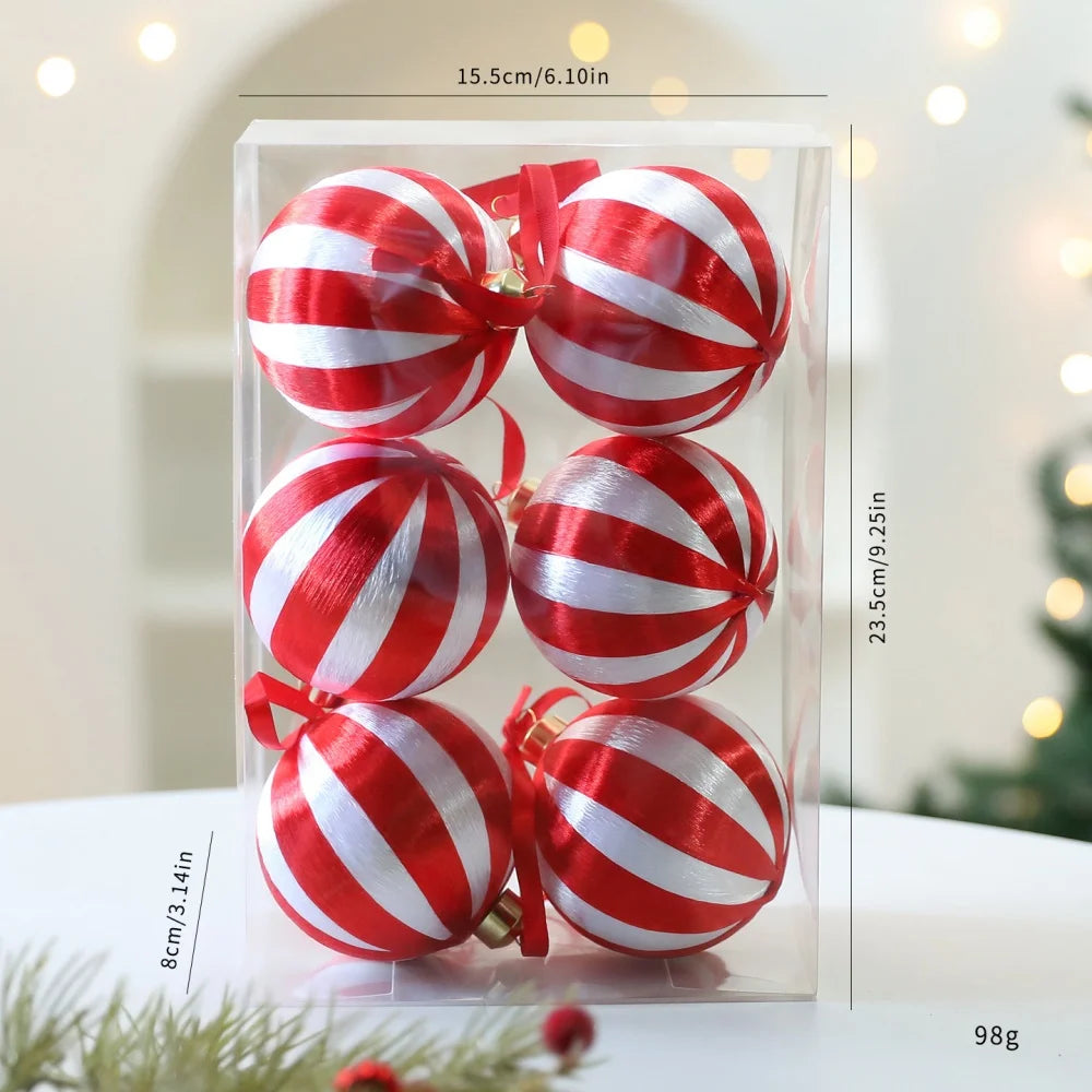 6-Pack 8cm Red & White Striped Christmas Ball Ornaments Christmas Ornaments Zpaxo
