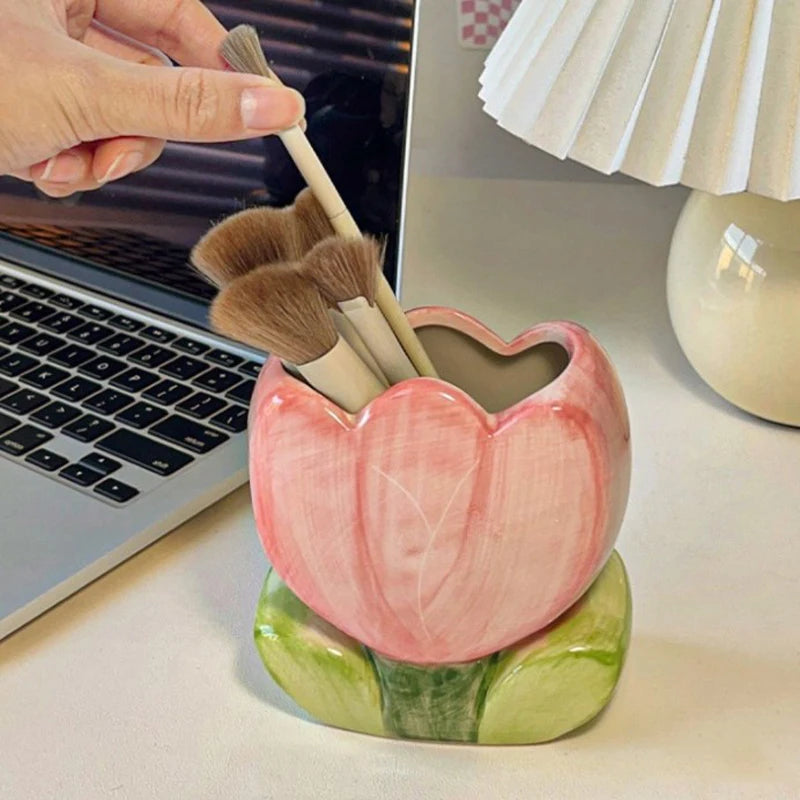 Flower Pen Holder Ceramic Desktop Decoration Cute Girl Desk Office
