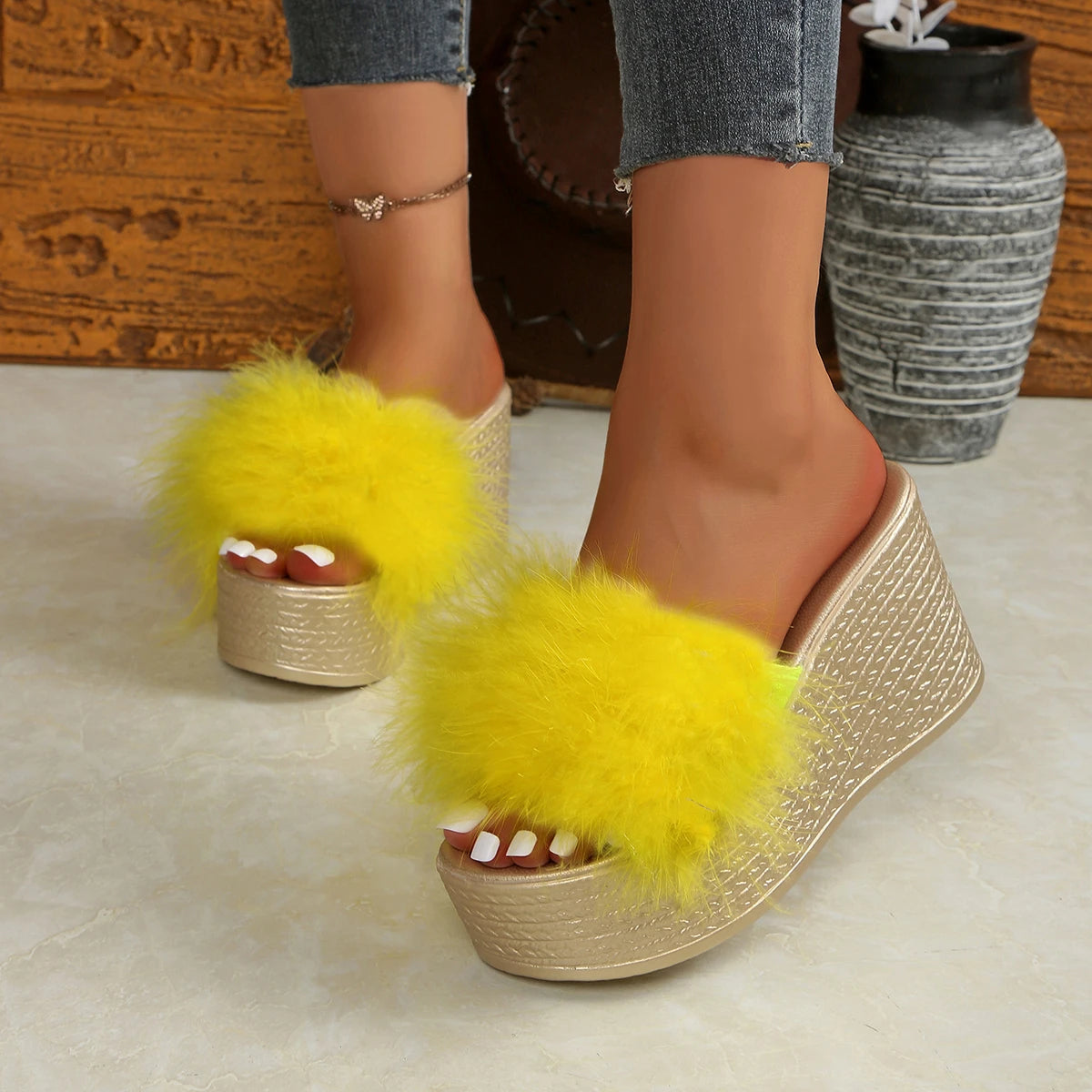 Women Sandals Outdoor Faux Fur Furry Fashion Luxury Platform Fluffy Zpaxo YELLOW 36