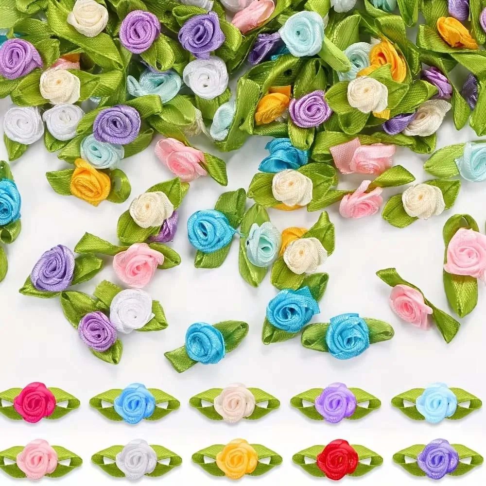 50pcs Artificial Ribbon Roses & Leaves – DIY Craft Decor Artificial Craft Flowers Zpaxo