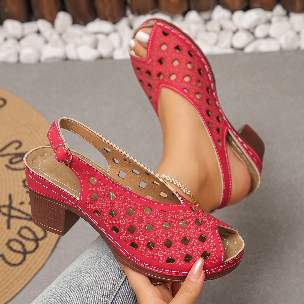 Women Sandals 2025 Retro Comfortable Summer Shoes Women Thick Heeled Fish Mouth Middle Heeled Sandals Fashion Hollow Shoes Women Zpaxo Red 36